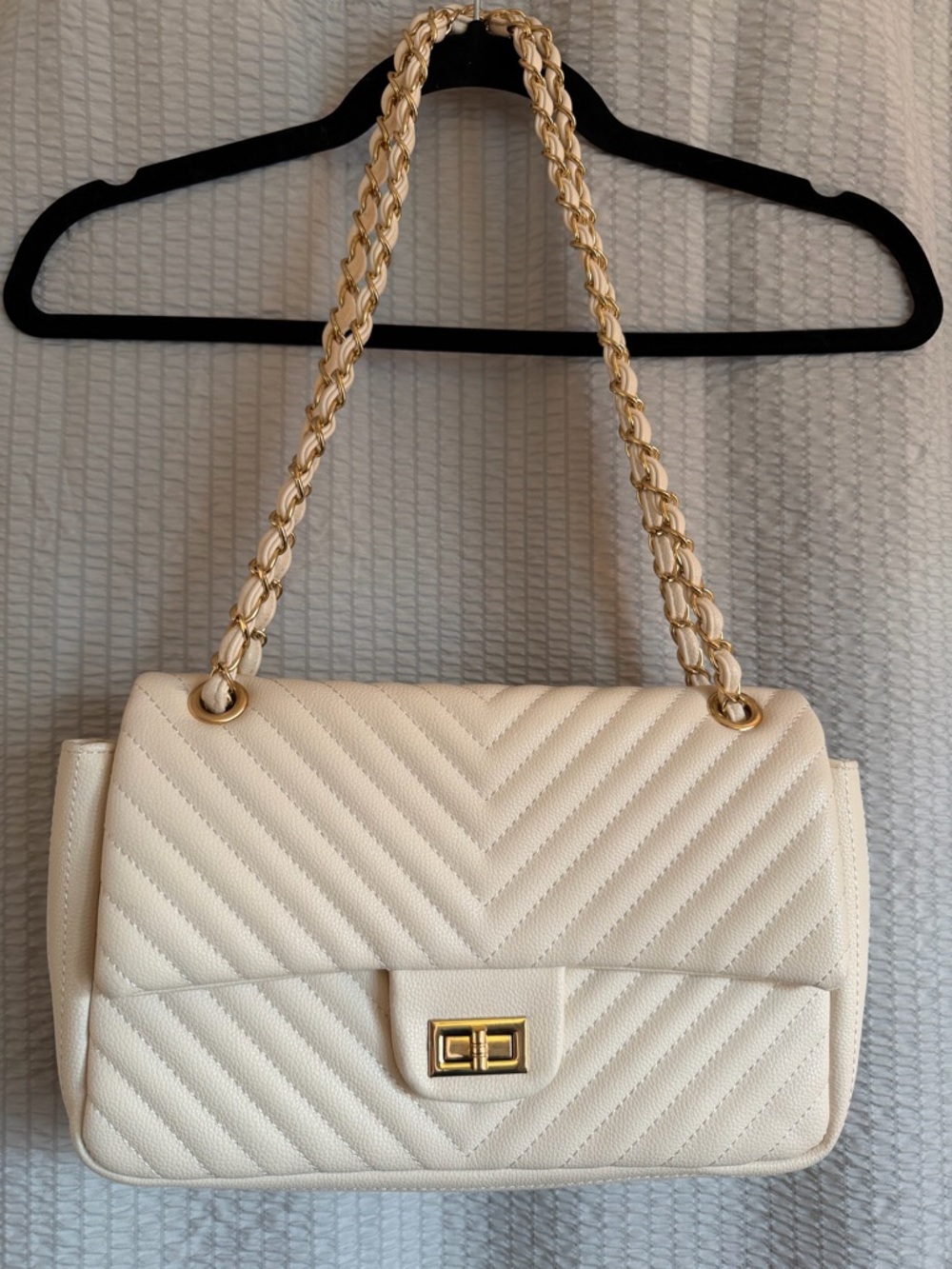 Cream Quilted Chain-Handle Shoulder Bag with Gold Hardware